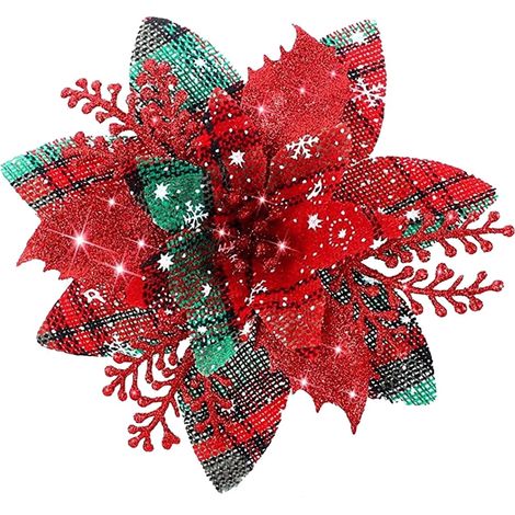 Fleur Artificielle Poinsettia - Décoration De Noël Avec Paillettes - Pour Arbre À Noël Et Intérieur - Diamètre 14,5 Cm - Rouge Vert - 1 Pièce (1/5)