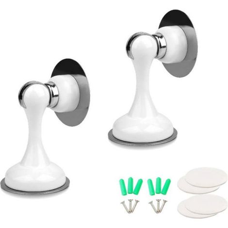 Butoirs de Porte Magnétiques 2 Pièces, Fixation Adhésive ou Vis, Acier Inoxydable 80x55mm, Blanc (1/5)