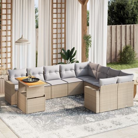 Ensemble Salon Jardin 10 Places Résine Tressée Beige avec Coussins Gris - Table Réglable Hauteur Modulable (1/3)