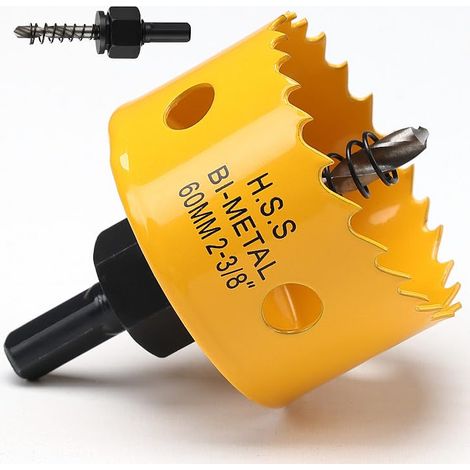 Scie cloche, 60mm, Scie Trépan avec adaptateur hexagonal et embout central, Bi-métal HSS M42, pour bois, plastique, aluminium, plaques de plâtre, Jaune (1/5)