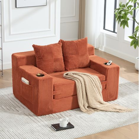 Canapé fixe en tissu orange 151 x 133 x 64 cm avec assise rembourrée, 2 coussins, accoudoirs et poches latérales – de FLORAGRACE pour salon (1/5)