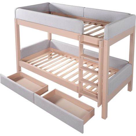 CAIziLit superposé, lit pour enfant, bord en éponge anti-collision souple, escalier droit à quatre marches, avec deux tiroirs, sommiers à lattes stables, bois d’hévéa + MDF, gris + naturel, 90x200cm (1/5)