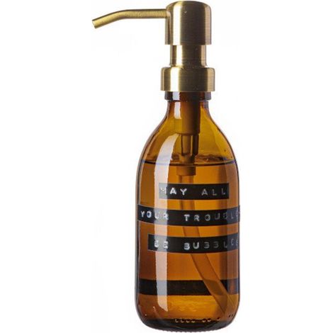 Wellmark Savon à mains verre marron pompe laiton 250ml texte QUE TOUS VOS SOUCIS SOIENT DES BULLES Étiquette noire (1/4)