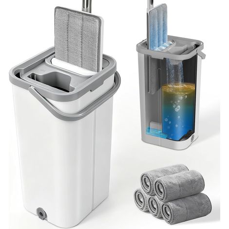 Serpillière Seau Essoreur, Balai Plat Microfibre Rotative 360° Seau Essoreur Auto-Lavage, Vadrouille de Mains Libre pour Nettoyage de Sol Lisse avec 5 Tampons Réutilisables (Blanc) (1/5)