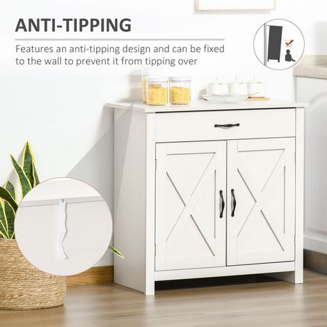 Buffet/meuble de rangement blanc vieilli de style ferme avec portes coulissantes de grange, idéal pour la décoration de la cuisine ou de la salle à manger. (1/5)