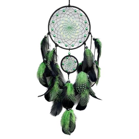 Attrape-rêves à pompons de plumes et perles phosphorescentes, carillon éolien pour décoration murale de chambre ou de salon, rouge (vert). (1/5)