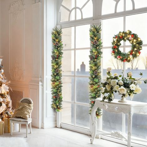 Ghirlanda Natalizia 180 cm con Rami Innevati e 30 Luci Bianche, Festone di Natale con 162 Punte, Pigne e Bacche, Decorazione Natalizia Ignifuga per Camino, Scale e Interni (1/5)