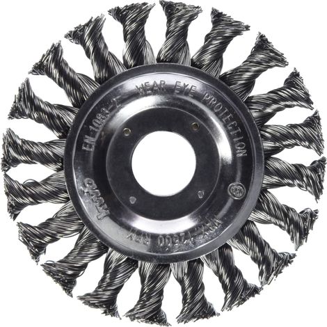 Brosse à Disque pour meuleuse d'angle Ø 115 mm, torsadée, pour alésage 22,23 mm, à serrer, en Fil d'acier HSS torsadé, pour Le métal et la Pierre, pour Nettoyer, décalaminer (1/5)