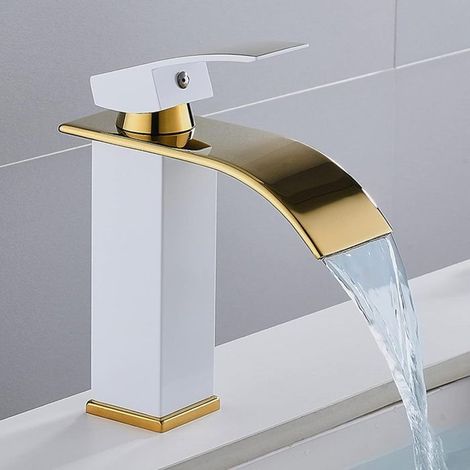 1 Robinet de lavabo, moderne, chaud et froid, blanc et or, montage sur pont, salle de bain