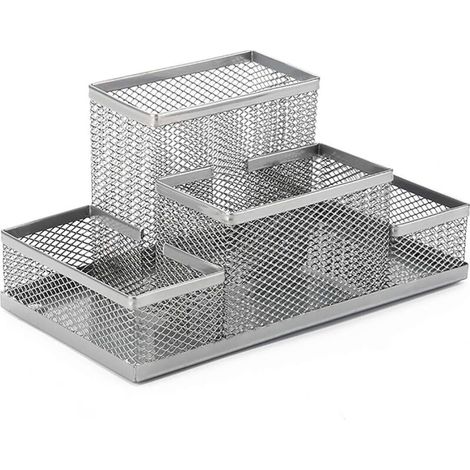 Organisateur de bureau porte-stylo bureau 4 compartiments conception en maille simple porte-stylo en treillis métallique fournitures de bureau (argent), Ensoleillé (1/5)