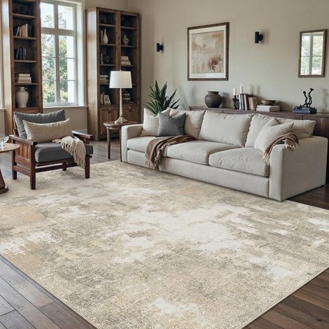 Tapis Beige Salon 150x210cm Abstrait Lavable en Machine Antidérapant Poil Ras Doux Couleur Tapis Chambre Adulte Moderne Salle à Manger Bureau Descente Carpt (1/5)