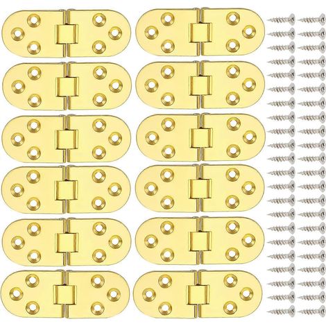 Lot de 12 charnières pliantes à 180° en alliage de zinc, bords arrondis, pour meubles (table, armoire, porte, etc.) (doré) (1/4)