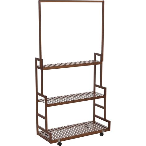 [NEUWERTIG] Bambus Pflanzenregal HHG-376, Blumentreppe Blumenständer Pflanzentreppe, Stange 3 Ablagen Rollen 175x93x38cm braun