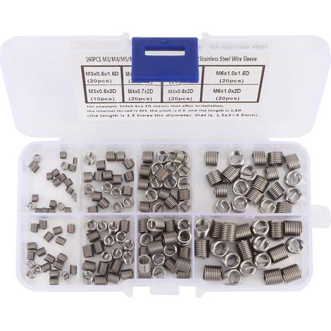 Manchon à vis, insert de réparation de filetage enroulé Jeu de manchons de vis filetées en acier inoxydable, M3/M4/M5/M6, 160 pièces (1/5)