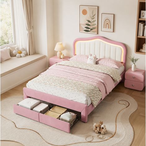 Letto per bambini 140x200 cm in velluto rosa con 2 cassetti FloraGrace (1/5)