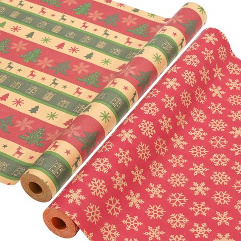 rouleaux de papier cadeau de Noël - 43 x 300 cm par rouleau, papier kraft rouge recyclable. Papier cadeau idéal pour décorer les boîtes cadeaux de Noël. (1/5)