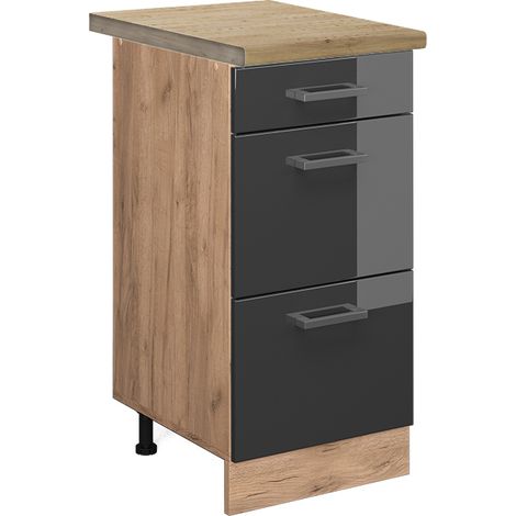 Mobiletto base per cucina R-Line, Antracite lucido, 40 cm con cassetti, PL Rovere, Vicco
