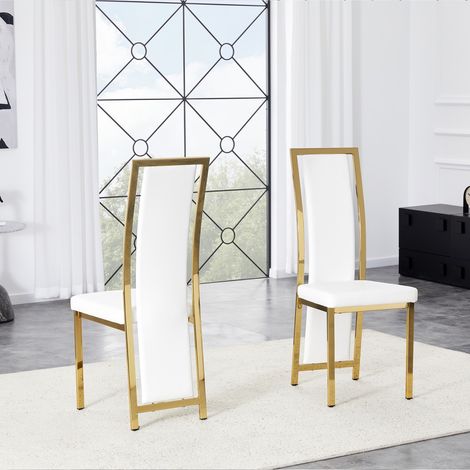 Lot de 2 chaises de salle à manger minimalistes, cuir PU blanc, structure métal doré, design moderne pour salle à manger et bureau 44x42x109 cm (1/5)