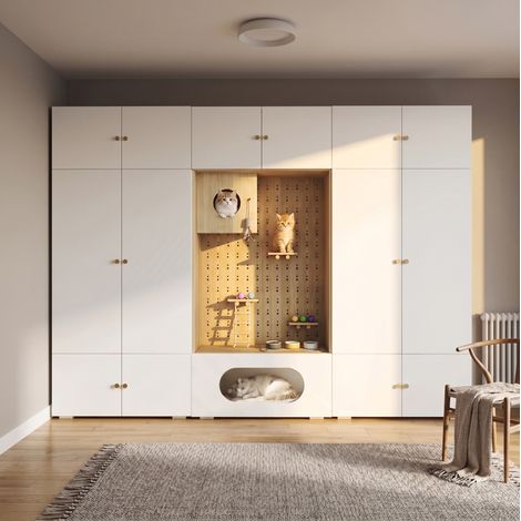 Armoire penderie 3-en-1 avec espace pour chat, 270 x 50 x 202 cm, blanc et décor bois OKMYHOME (1/5)