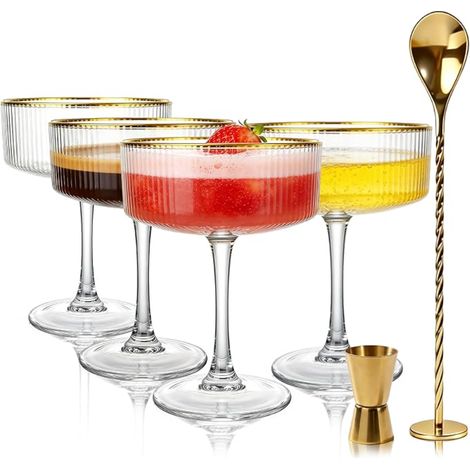 Verres à Cocktail avec Bord Doré et Accessoires Martini Striés 318ml Coupes Champagne Vintage Verre Coupe Canelé Cuillère de Bar et Doseur Jigger Dorés (1/5)
