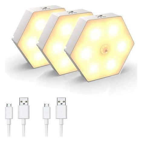 Veilleuse avec détecteur de mouvement [lot de 3], veilleuse LED avec marche/arrêt automatique, éclairage de chambre/armoire, veilleuse rechargeable USB. (1/2)