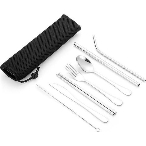 (argent) 7pices Set Couverts Voyage En Acier Inoxydable, Couverts De Camping De Djeuner Rutilisables Avec Etui Et Sac De Rangement- Baguettes, Cou (1/5)