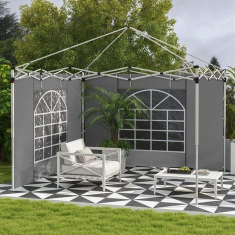 Lot de 2 rideaux latéraux pour tonnelle 3x3 m ou 3x6 m gris clair avec fenêtres et porte intimité protection vent extérieur (1/5)