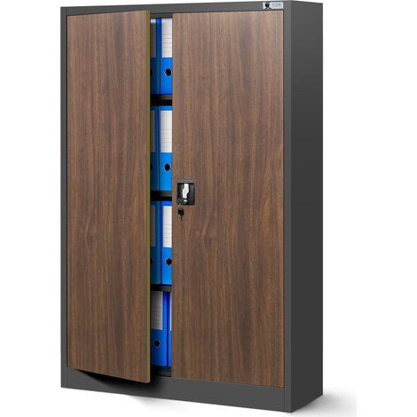 Aktenschrank C001K Metallschrank Büroschrank Werkzeugschrank 3 Fachböden Stahlblech Flügeltüren Pulverbeschichtung 140 cm x 90 cm x 40 cm Anthrazit/Holzoptik