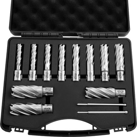 VEVOR Juego de Cortadores Anulares 13 Piezas, Juego de Brocas M2AL HSS de Vástago Weldon, Profundidad de Corte 50,8mm, Diámetro 11,11-26,98mm con 2 Pasadores Guía, 11 Cortadores para Taladro Magnetico (1/5)