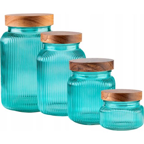 Set - 4 barattoli in vetro con coperchio in legno / turchese - 1 da 0,5 l, 1 da 1 l, 1 da 2 l, 1 da 3 l
