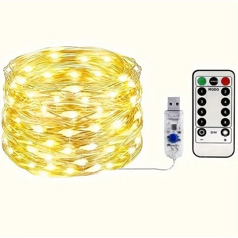 Guirlande lumineuse USB ciel étoilé (10 m, 100 LED, lumière chaude), fil de cuivre argenté, 8 modes d'éclairage, avec télécommande (1/5)
