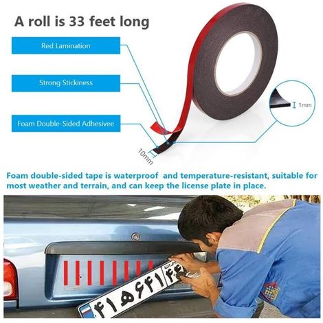 Nastro biadesivo Scotch extra forte, 1 rotolo (10 mm x 10 m), pellicola in schiuma PE nera, nastro di montaggio rosso impermeabile e resistente alle altissime temperature per fissaggio in auto, casa e (1/4)