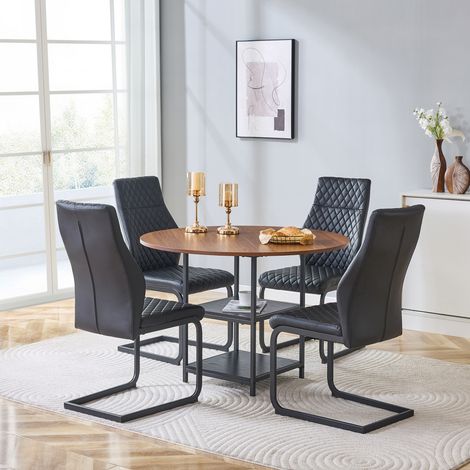 Ensemble table ronde 107 cm double rangement + 4 chaises losange noires. Structure MDF et métal,style industriel pour foyer européen. (1/5)