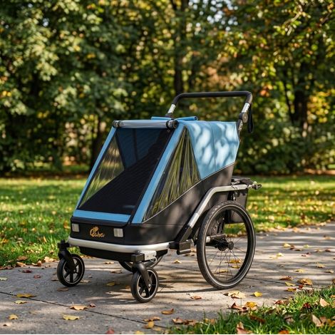 Remorque vélo enfant 148x83x102 cm en aluminium bleu, modulable pour promenade FloraGrace (1/5)