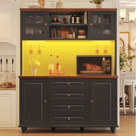 Highboard cucina nero in MDF con illuminazione RGB LED, ripiani regolabili e portasbicchieri (1/5)
