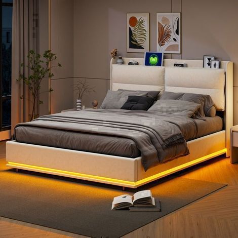 Cama con cofres de terciopelo 140x200 cm beige con almacenamiento hidráulico, LED integrada y puerto USB