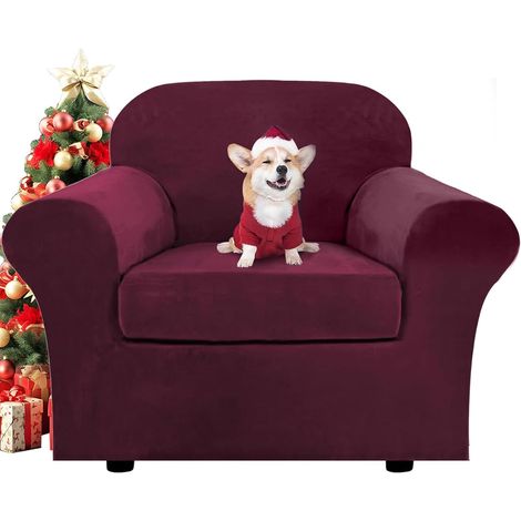 Velvet Sofa Covers with Separate Cushion Covers, Stretch Sofa Cover Furniture Protector for Pets and Children, Non-Slip (Wine Red, 1 Seater) (1/5)