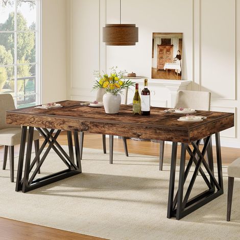 Tribesigns Dining Table for 4-6, 160 cm Farmhouse Kitchen Table with Sturdy Metal Legs, Rectangular Dinner Furniture for Home, Living Room, Rustic Brown & Black (1/5)