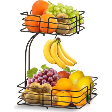 Panier de fruits double couche avec support de banane - Support de comptoir amovible, rack de stockage de légumes et de snack (1/4)