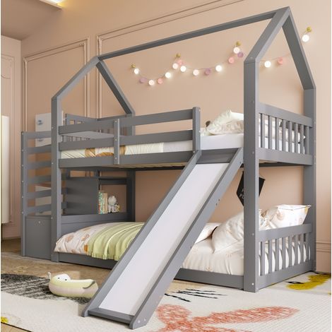 MEUBLIV Lit superposé enfant 90x200 cm gris – avec toboggan et rangement, sans matelas (1/5)