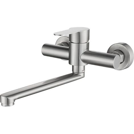Grifo de cocina de pared, mezclador de acero inoxidable, giratorio 360°, agua fría y caliente ajustable, orificios de montaje ajustables, cepillado. (1/4)