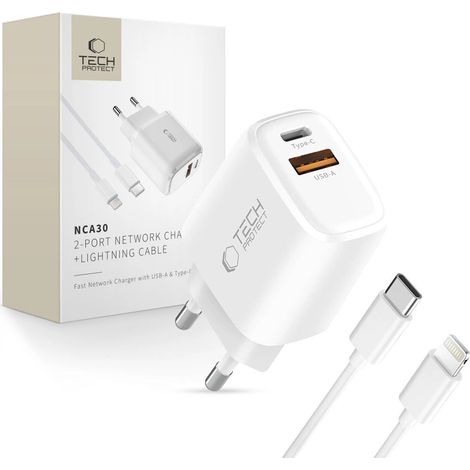 Caricabatterie da parete Tech-Protect NCA30 PD 30W QC3.0 USB-A / USB-C + cavo USB-C / Lightning da 100 cm - Bianco (1/5)
