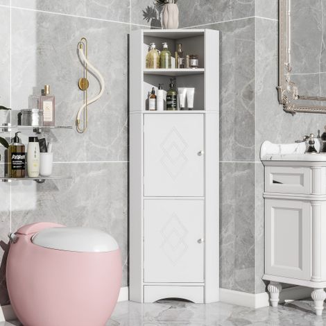 Mueble de baño, mueble de esquina con compartimento abierto y estante regulable, 36,5x36,5x155 cm, Blanco
