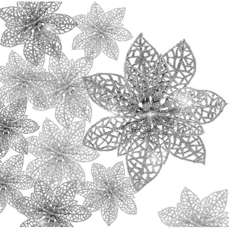 Juego de 36 flores artificiales, purpurina plateada, nailon, 8/10/15 cm, decoración para árbol de Navidad (1/5)