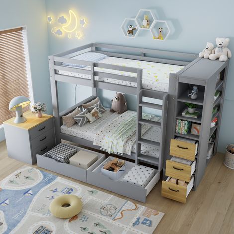 Graues Etagenbett 90x200 cm aus Holz, Stockbett mit 2 Bettkästen, seitlichem Stauraumregal, Schubladen, Leiter und frei platzierbarer Nachtkommode (1/5)