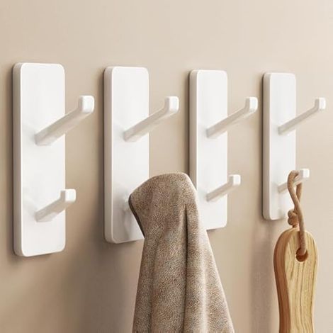 Crochets adhésifs blancs - Crochet mural métallique, supporte 6kg, pour manteaux, serviettes, sacs, chapeaux, clés - pour porte, chambre, salle de bain, cuisine, douche, placard, lot de 4 (1/5)