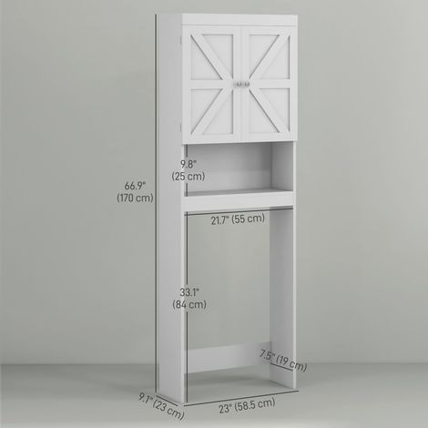 Meuble de rangement moderne blanc à placer au-dessus des toilettes, avec portes coulissantes de style grange et étagère ouverte, idéal pour les petits espaces. (1/5)
