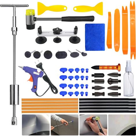 Kit d'outils de débosselage, sans Peinture, kit de réparation de tôle avec Pistolet à Colle et Marteau à débosseler – Kit d'outils de réparation de Corps sans Peinture pour réparation (1/5)
