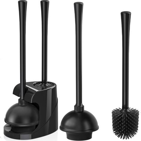 Ensemble Débouchoir et Brosse Wc - Brosse Wc et Débouchoir en Silicone avec Support pour Évacuation de 14, 5 cm - Noir - Combo 2-En-1 avec Support (1/5)