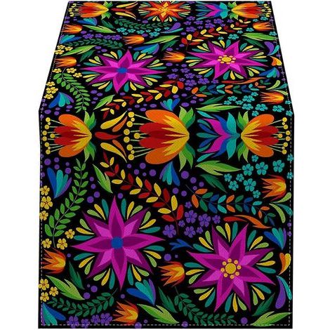 Chemin de table coloré à motif floral mexicain, nappe en lin avec crâne d'Halloween et décoration pour table basse, mariage, dîner ou fête. (1/5)